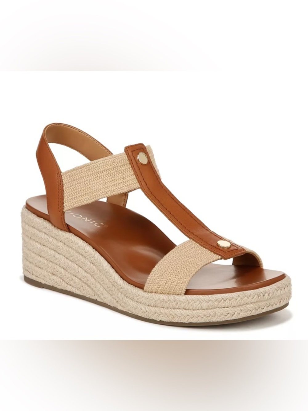Vionic Calera Espadrille Wedge Sandal Brown Tan and Natural Heels Cognac Beige